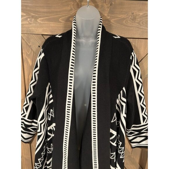 NEW Chico's Open Front Cardigan Black White Aztec Pattern w/ Fringe Size XLP 3P - Picture 7 of 9